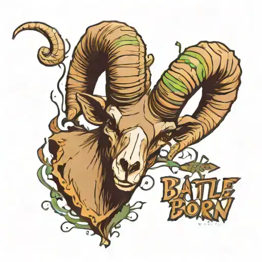 very colorful, desert bighorn sheep skull, with sagebrush, and the words battle born. tattoo design idea