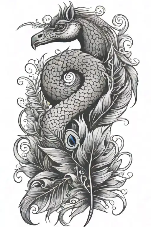 snake, peacock feather, and a horse  tattoo design idea