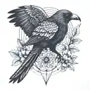 Crow on a branch on inner forearm with mandala on inner elbow. Crow flying on shoulder with mandala on shoulder.  tattoo design idea