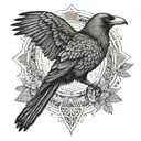 Crow on a branch on inner forearm with mandala on inner elbow. Crow flying on shoulder with mandala on shoulder.  tattoo design idea