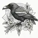Crow on a branch on inner forearm with mandala on inner elbow. Crow flying on shoulder with mandala on shoulder.  tattoo design idea
