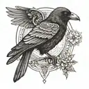 Crow on a branch on inner forearm with mandala on inner elbow. Crow flying on shoulder with mandala on shoulder.  tattoo design idea