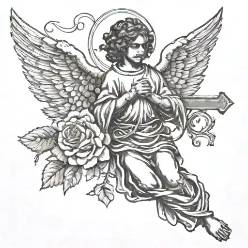 Craft a tattoo of a black angel holding a cross with 7 roses at its feet tattoo design idea