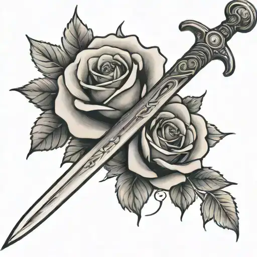 A tattoo of a sword with fine and sharp edges, black roses intertwined with and going through the sword, small tattoo design idea