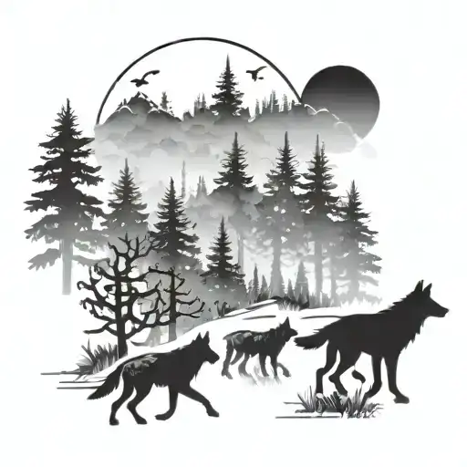 A pack of wolves running through a misty forest, with a subtle Christian cross in the background tattoo design idea