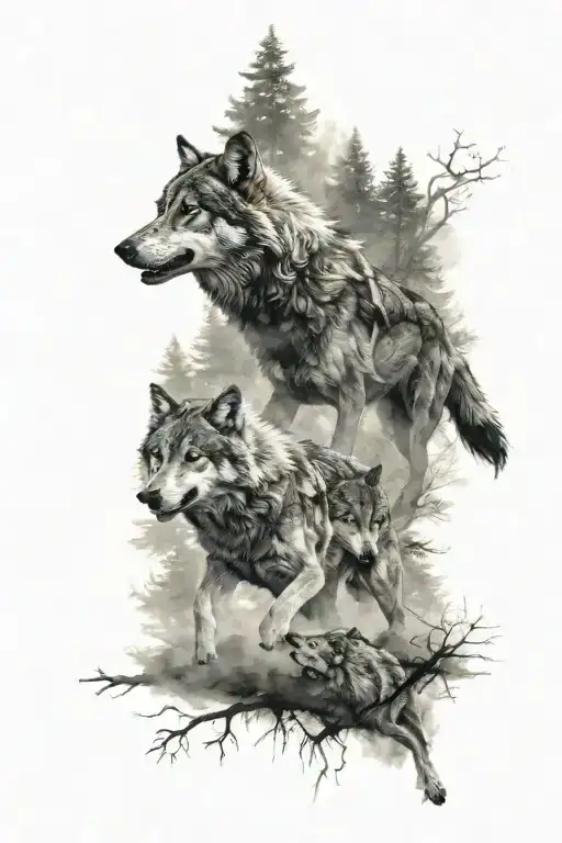 A pack of wolves running through a misty forest, with a subtle Christian cross in the background tattoo design idea