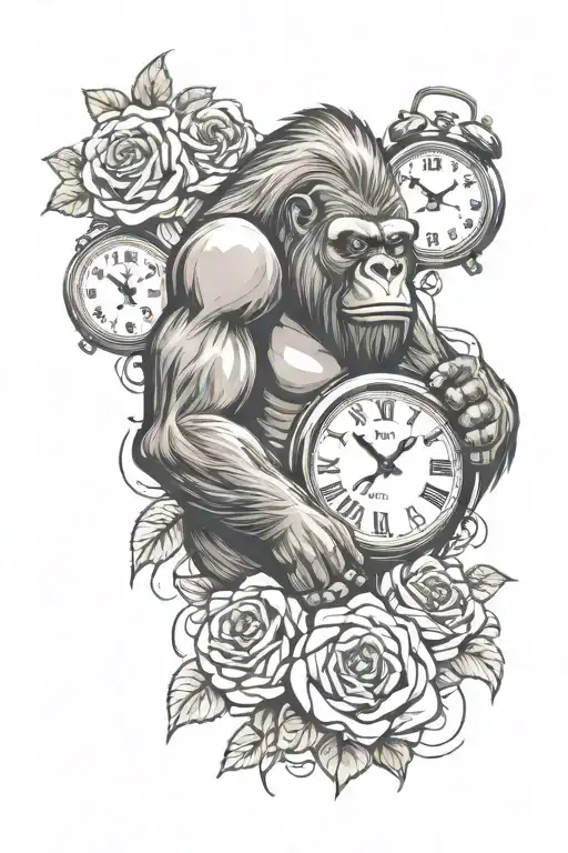 angry gorilla, clock , dice , cloud, money, rose sleeve tattoo  tattoo design idea