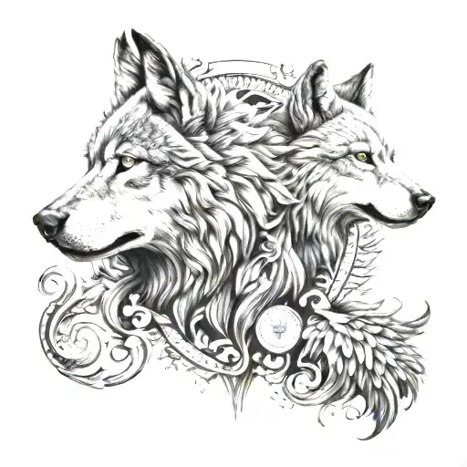 wolf and double headed eagle head tattoo design idea