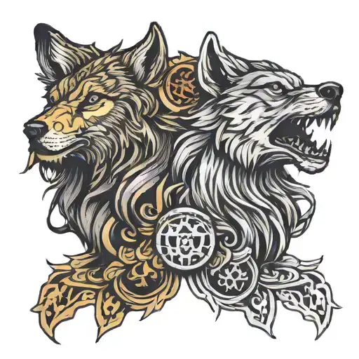 wolf and double headed eagle head tattoo design idea