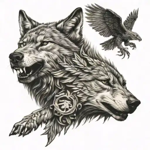 wolf and double headed eagle soaring tattoo design idea