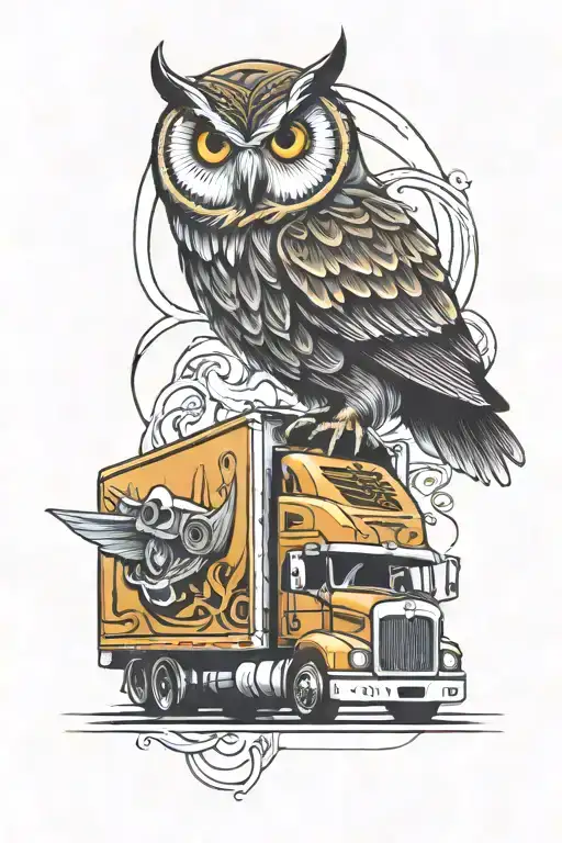 semi truck with owl perched on top tattoo design idea