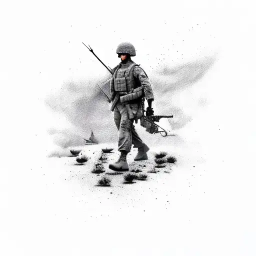 wounded warrior silhoutte carrying soldier in a warzone, dark grey background with constantine wire and planes flying tattoo design idea
