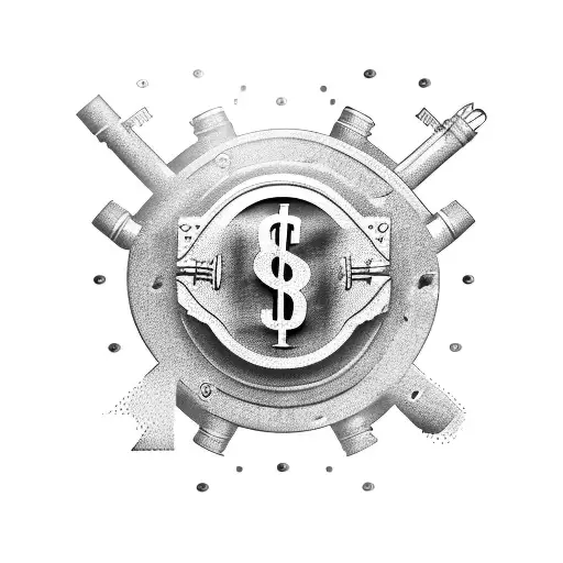 A tattoo design of a car engine with dollar signs replacing the pistons tattoo design idea