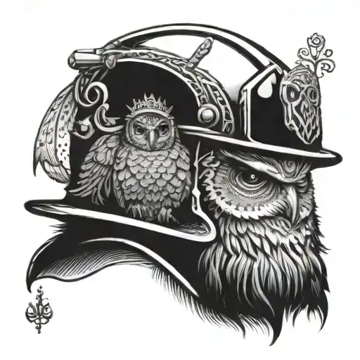 A firefighter's helmet adorned with intricate woodland creatures like owls and bears tattoo design idea