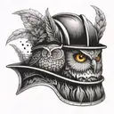 A firefighter's helmet adorned with intricate woodland creatures like owls and bears tattoo design idea