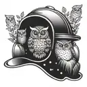 A firefighter's helmet adorned with intricate woodland creatures like owls and bears tattoo design idea