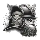 A firefighter's helmet adorned with intricate woodland creatures like owls and bears tattoo design idea