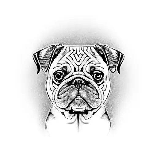 a labyrinth maze made from wrinkles on a pugs face with  tattoo design idea