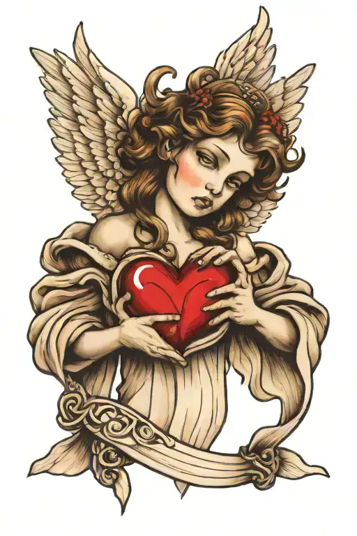 angel holding heart intertwined tattoo design idea