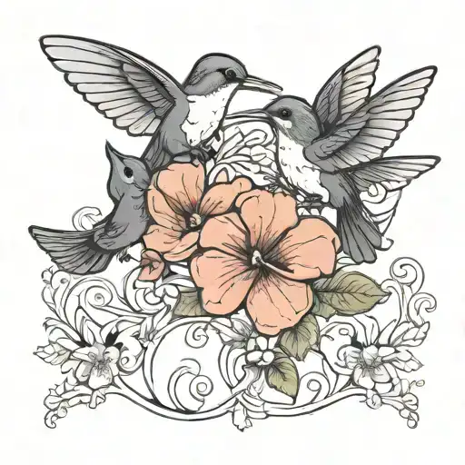 black and grey two hummingbirds flying holding a bunch of violets tattoo design idea