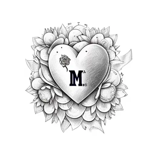 A heart with the initials 'NM' intricately engraved in the center, Surrounded by delicate flower petals and leave tattoo design idea