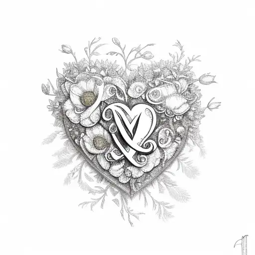 A heart with the initials 'N M' intricately engraved in the center, Surrounded by delicate flower petals and leave tattoo design idea
