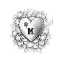 A heart with the initials 'NM' intricately engraved in the center, Surrounded by delicate flower petals and leave tattoo design idea