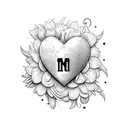 A heart with the initials 'NM' intricately engraved in the center, Surrounded by delicate flower petals and leave tattoo design idea