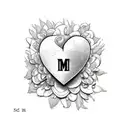 A heart with the initials 'NM' intricately engraved in the center, Surrounded by delicate flower petals and leave tattoo design idea