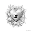 A heart with the initials 'NM' intricately engraved in the center, Surrounded by delicate flower petals and leave tattoo design idea