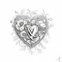A heart with the initials 'N M' intricately engraved in the center, Surrounded by delicate flower petals and leave tattoo design idea