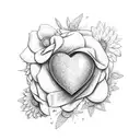 A heart with the initials 'N M' intricately engraved in the center, Surrounded by delicate flower petals and leave tattoo design idea