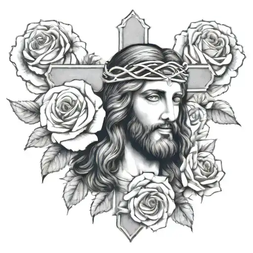 Jesus Christ with cross and roses background black and white tattoo design idea