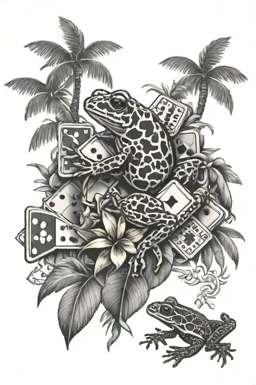 palm tree, coqui frog, and dominoes six double tattoo design idea