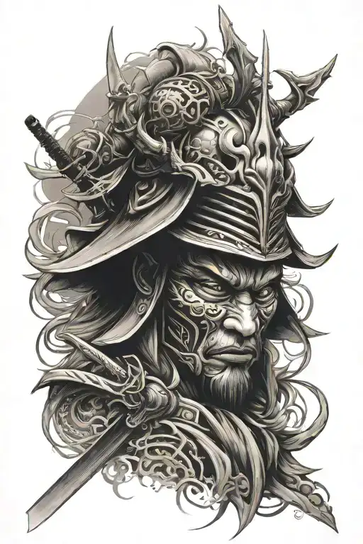 Full sleeve tattoo of a samurai with kabuto helmet and oni mask surrounded by ghostly spiritual energy and tattoo design idea