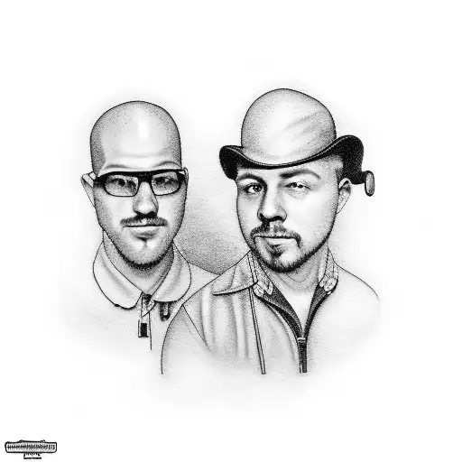 Two brothers standing back to back, one holding a wrench and the other holding a paintbrush, symbolizing their opposite occupations as a mechanic and an artist. tattoo design idea