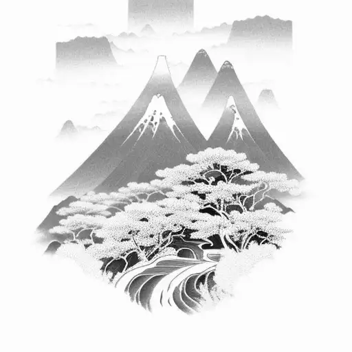 A serene landscape of mountains and water inspired by Japan in a black-grey style tattoo design idea