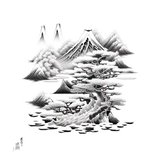 A serene landscape of mountains and water inspired by Japan in a black-grey style tattoo design idea