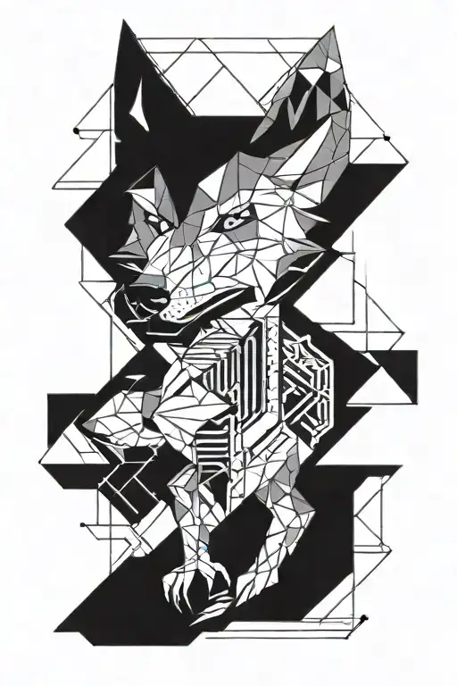 A geometric design incorporating elements of bodybuilding equipment and a wolf, symbolizing the client's passions tattoo design idea