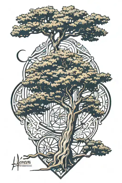 A sketch tattoo of a Lebanese cedar tree with historical symbols embedded in the branches, representing your Lebanese heritage and passion for history tattoo design idea