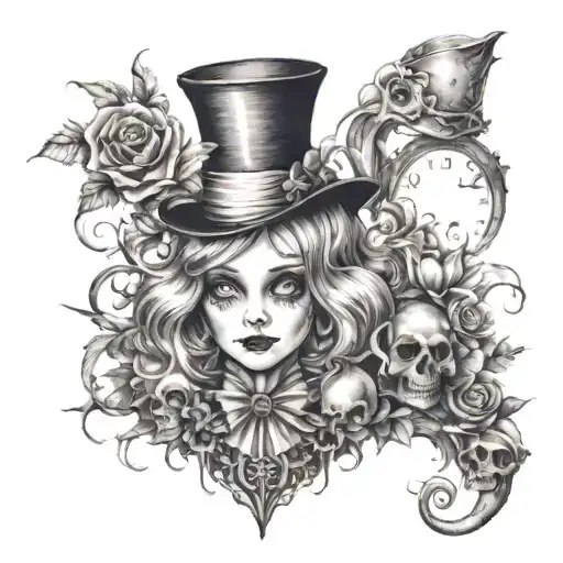 A creepy version of Alice in Wonderland with horror elements like skulls and dark flowers tattoo design idea