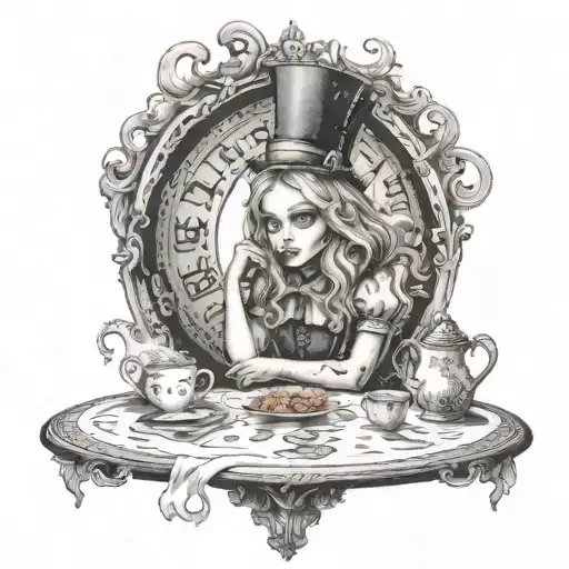 A horror-themed Alice in Wonderland scene with a dark twist tattoo design idea