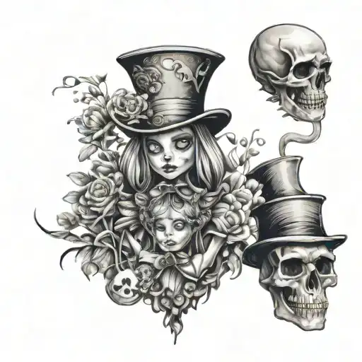 A creepy version of Alice in Wonderland with horror elements like skulls and dark flowers tattoo design idea