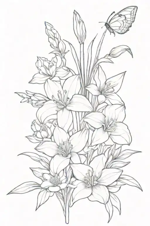 daffodil, Daisy, rose, water lily, marigold, gladiolus bouquet with butterfly tattoo design idea