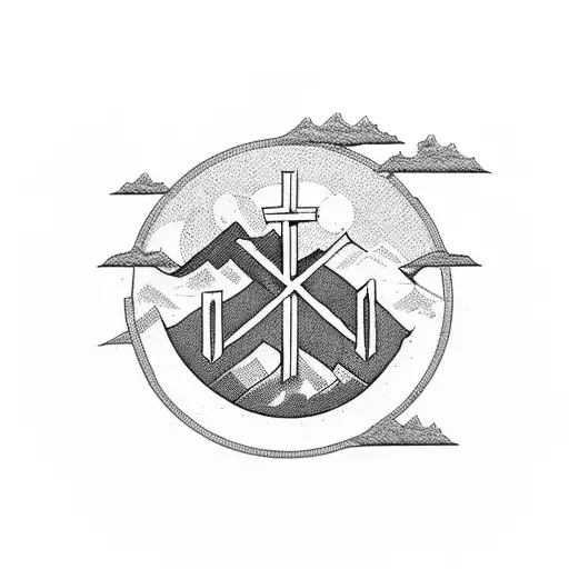 three crosses with a son in the background on the top of a mountain, but in a patch like texture tattoo design idea