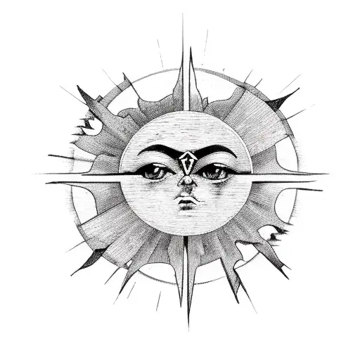 three crosses with a sun in the background on the top of a mountain, but in a patch like texture tattoo design idea