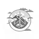 three crosses with a son in the background on the top of a mountain, but in a patch like texture tattoo design idea
