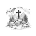 three crosses with a son in the background on the top of a mountain, but in a patch like texture tattoo design idea