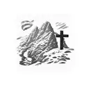 three crosses with a son in the background on the top of a mountain, but in a patch like texture tattoo design idea