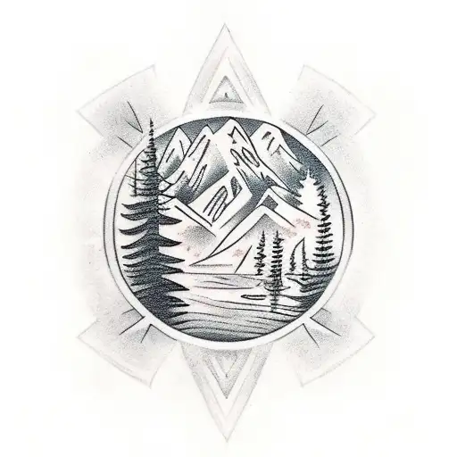 A black-grey tattoo of a forest trail with Greek symbols hidden within the trees tattoo design idea